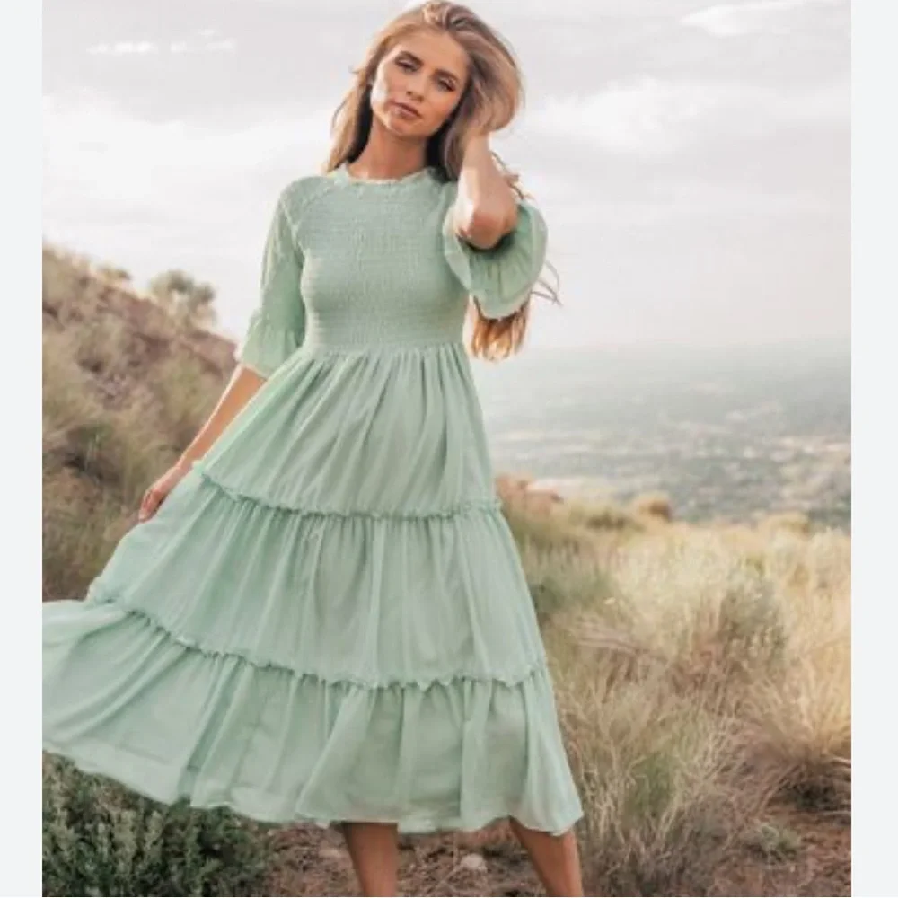 JessaKae Wandering Willoughby Ruffle Mint Green Midi Dress Womens Small - Picture 1 of 8